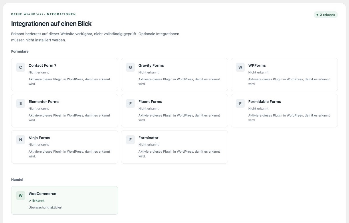Erkannte Integrationen — Revenue Guard 0.5.0-beta (DE)